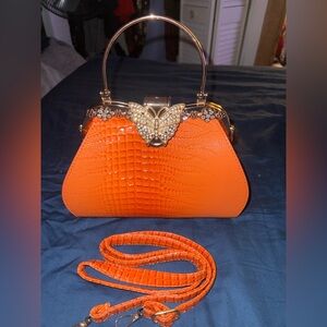 Qasa Orange Crocodile Pattern Handbag with Butterfly Accent w crossbody strap